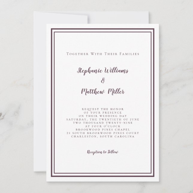 Modern Wedding & RSVP QR Code Details Purple Invitation (Front)