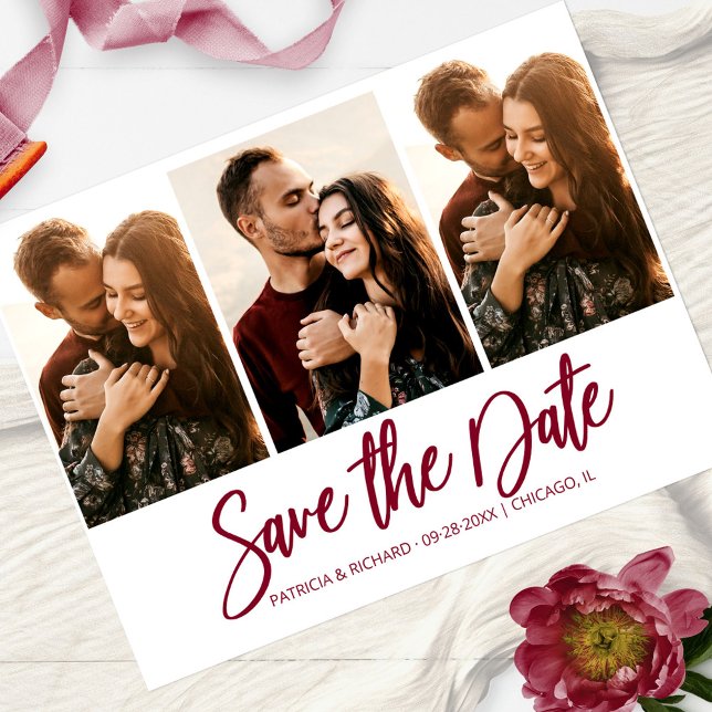 Modern Wedding Save The Date 3 Photo Collage Postcard (Creator Uploaded)