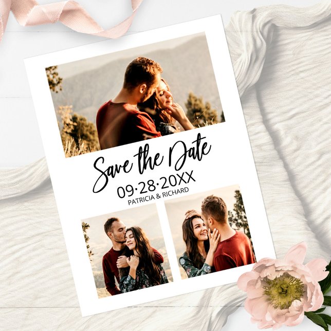 Modern Wedding Save The Date 3 Photo Collage Postcard (Creator Uploaded)