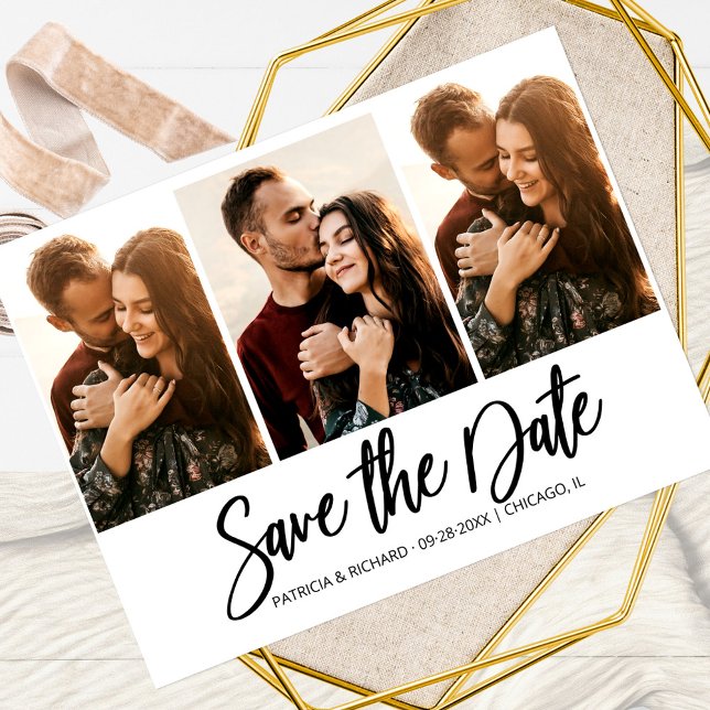 Modern Wedding Save The Date 3 Photo Collage Postcard (Creator Uploaded)
