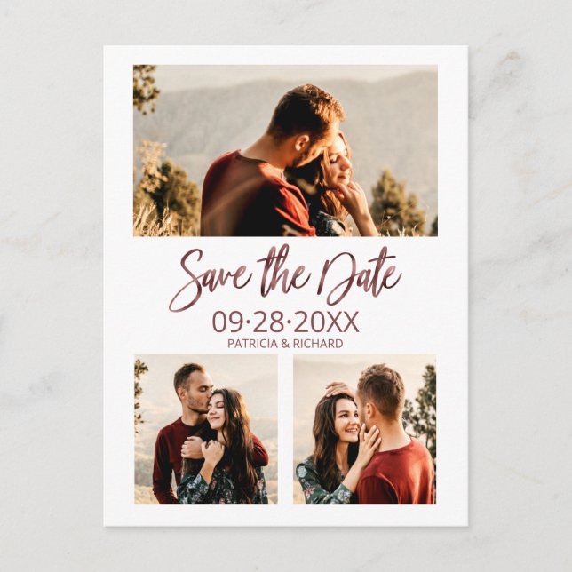 Modern Wedding Save The Date 3 Photo Collage Postcard (Front)