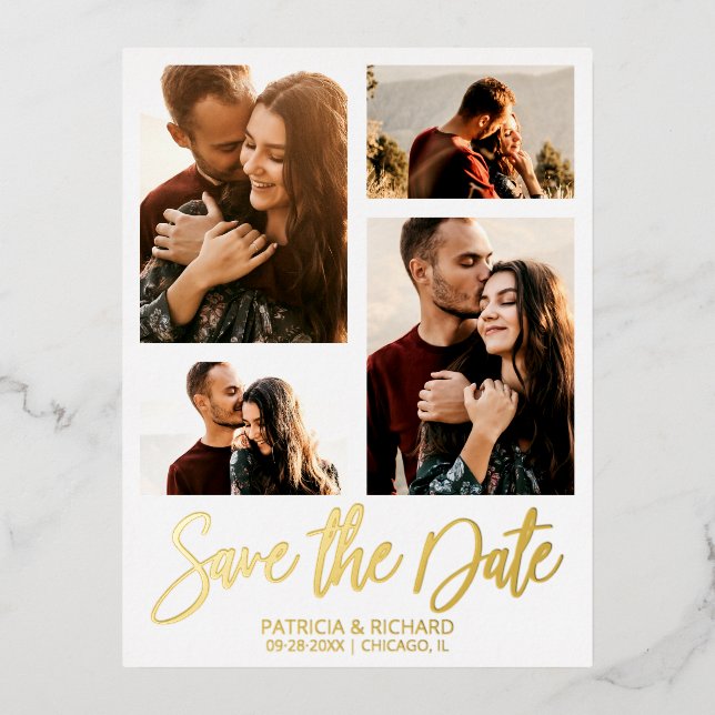 Modern Wedding Save The Date 4 Photo Collage Foil Holiday Postcard (Front)