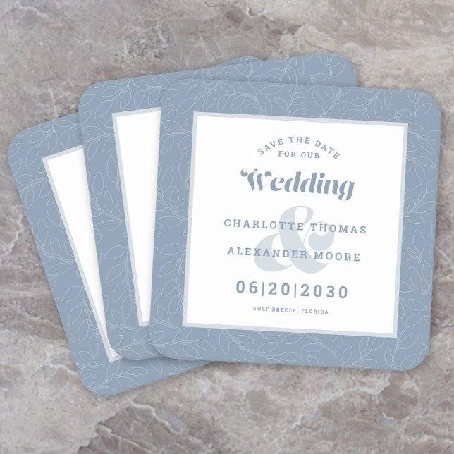 Modern Wedding Save The Date Dusty Blue Pattern Square Paper Coaster (Creator Uploaded)
