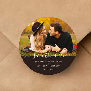 Modern Wedding Save The Date Engagement Photo Classic Round Sticker