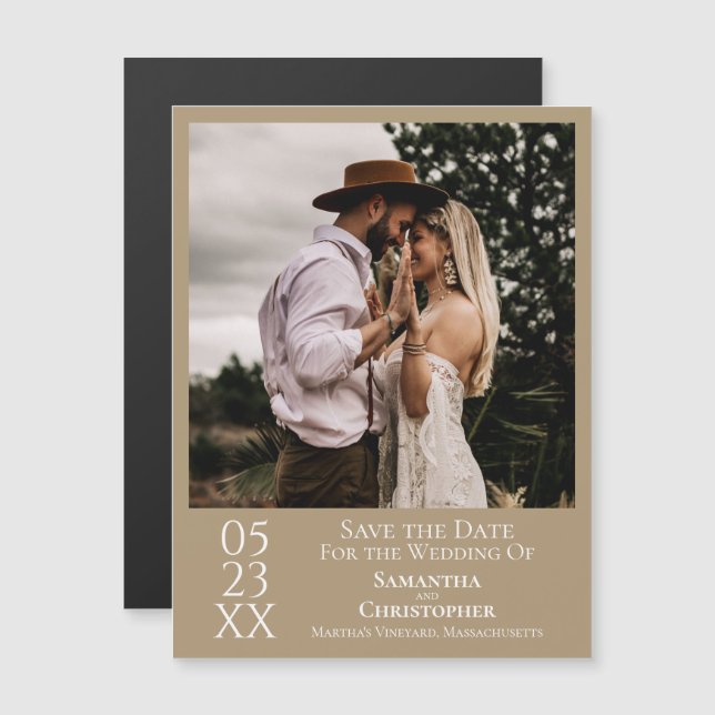 Modern Wedding Save the Date Photo Tan Magnet (Front/Back)