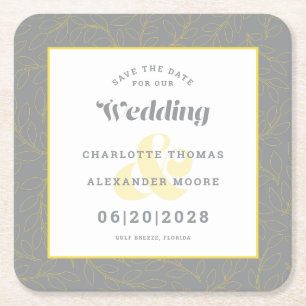 Modern Wedding Save The Date Yellow Grey Pattern Square Paper Coaster
