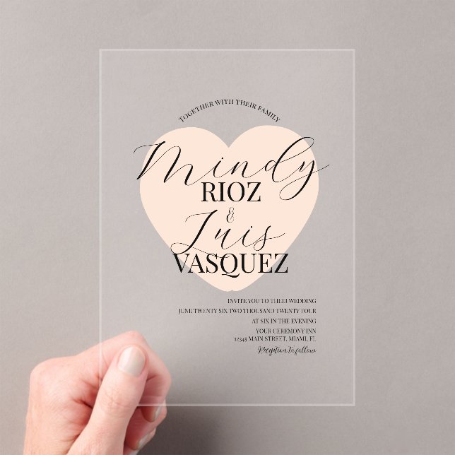Modern Wedding Script Black Tan Heart Acrylic Invitations (Insitu (Handheld))