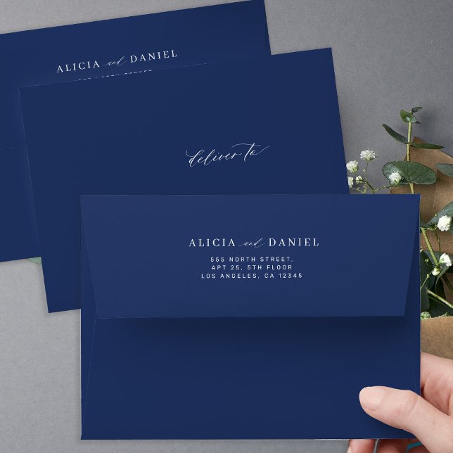 Modern wedding sender return address navy blue envelope (Creator Uploaded)