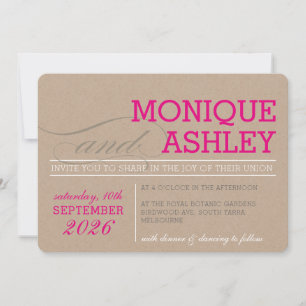 MODERN WEDDING simple bold text pink kraft white Invitation