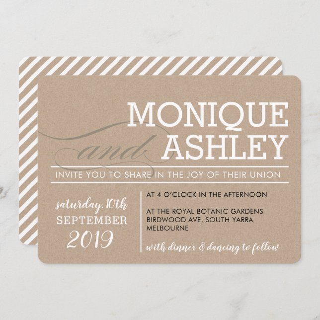 MODERN WEDDING simple minimal bold kraft white Invitation (Front/Back)