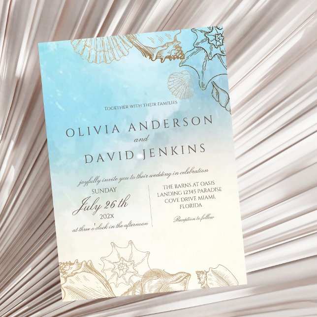 Modern Wedding  Summer Blue Ocean Beach Wedding  Invitation (Creator Uploaded)