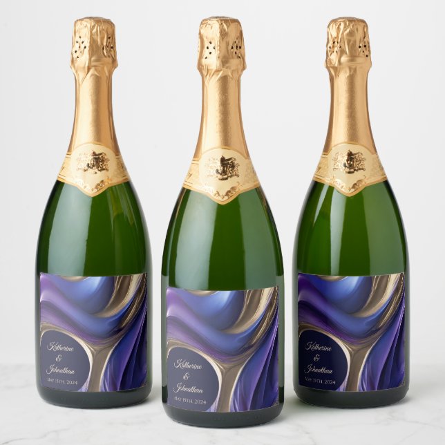 Modern Wedding Table Decor-Blue Purple Gold- Sparkling Wine Label (Bottles)