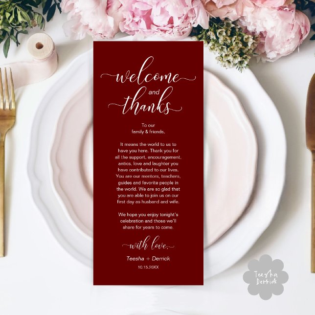 Modern Wedding Table Place Setting Thank You Card (Modern Wedding Dinner Brunch Lunch Table Place Setting Thank You Card in Classy Burgundy Red)