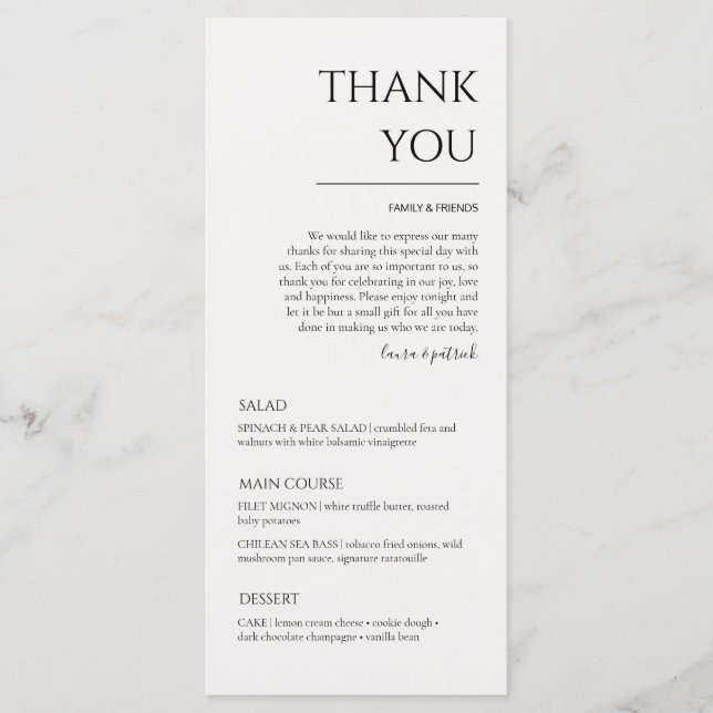 Modern Wedding Thank You and Dinner Menu (Front)
