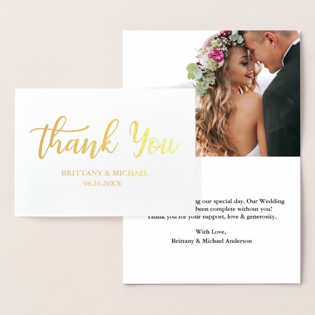 Modern Wedding Thank You B Script Photo Gold Foil Card (Display)