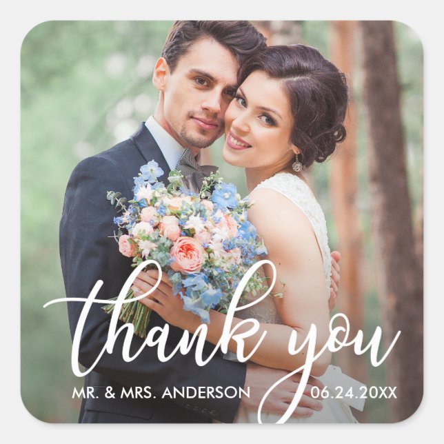 Modern Wedding Thank You Bride Groom Photo Square Sticker (Front)