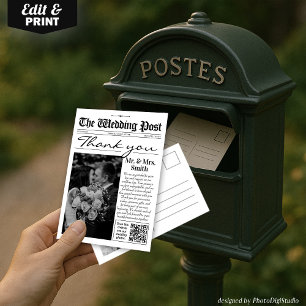 Modern Wedding Thank You Card, Wedding Newspaper