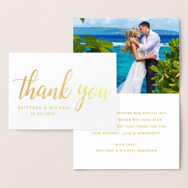 Modern Wedding Thank You Couple Photo Gold Foil Card (Display)