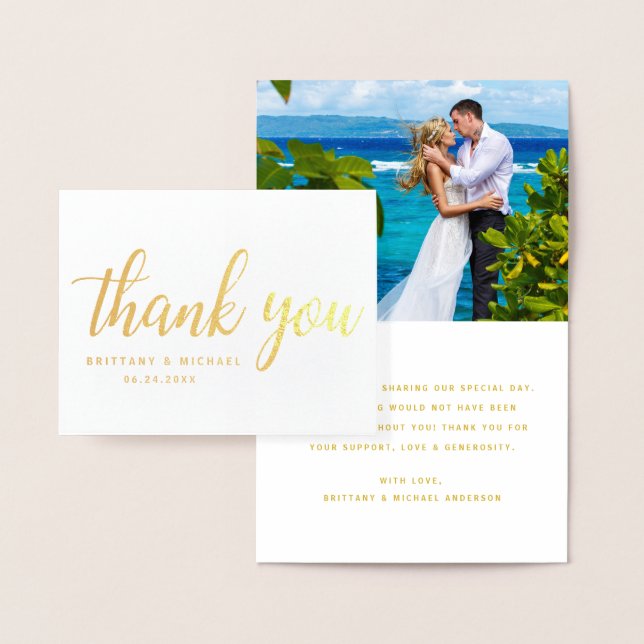Modern Wedding Thank You Couple Photo Note Gold Foil Card (Display)