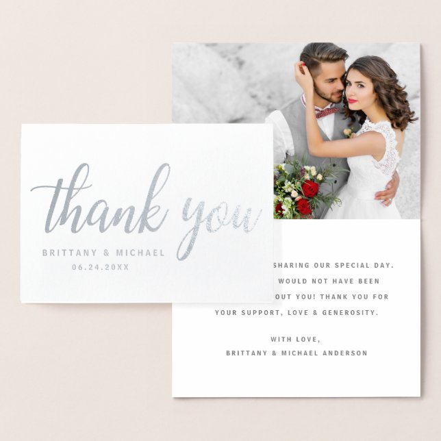 Modern Wedding Thank You Couple Photo Silver Foil Card (Display)