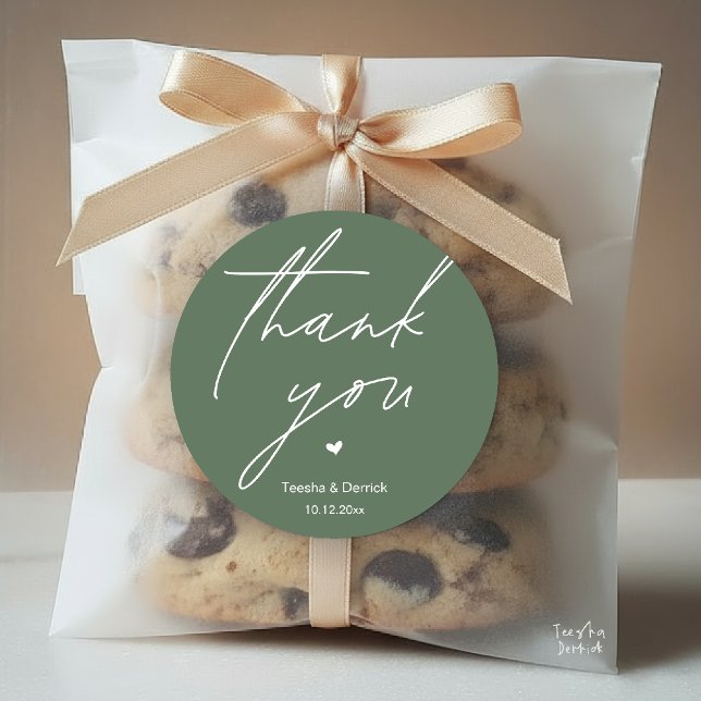 Modern Wedding Thank You Minimal Cute Heart Gifts Classic Round Sticker (Modern Wedding Thank You Minimal Cute Heart Gifts Classic Round Sticker in Sage Green)