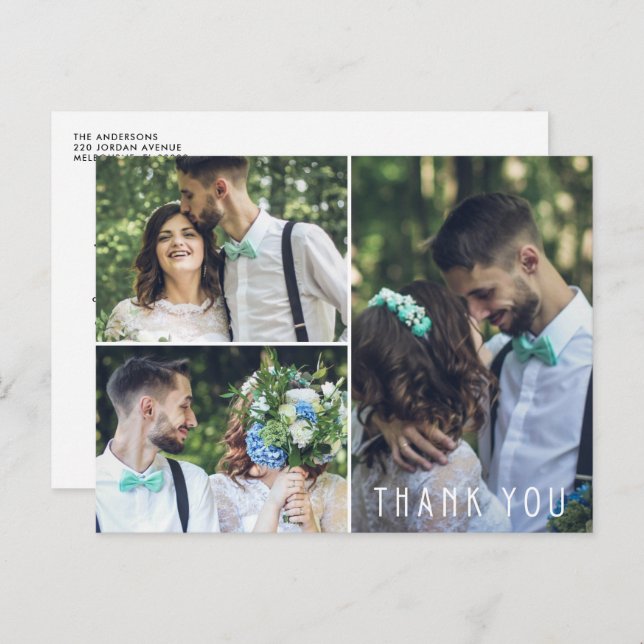 Modern Wedding Thank You Three Photo Postcard (Front/Back)