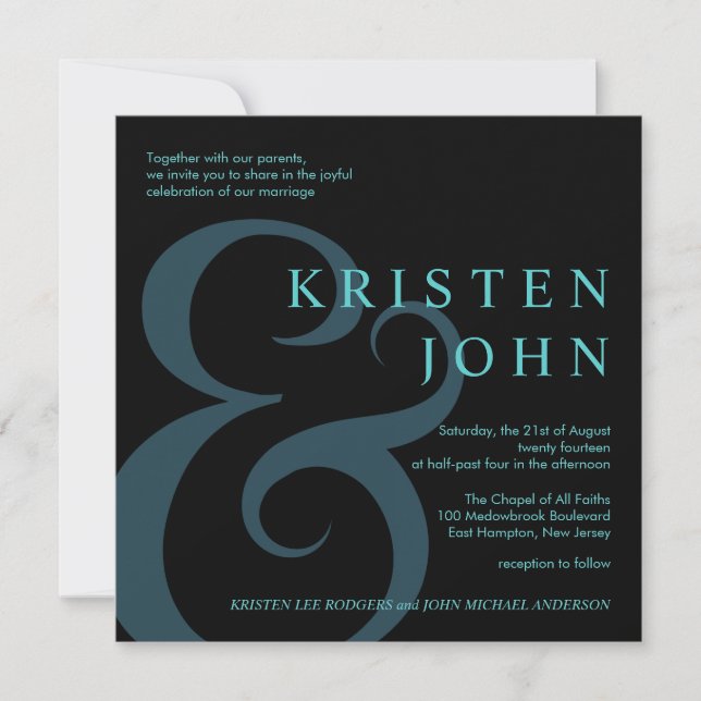 Modern Wedding Typography Teal Blue Black Invitation (Front)