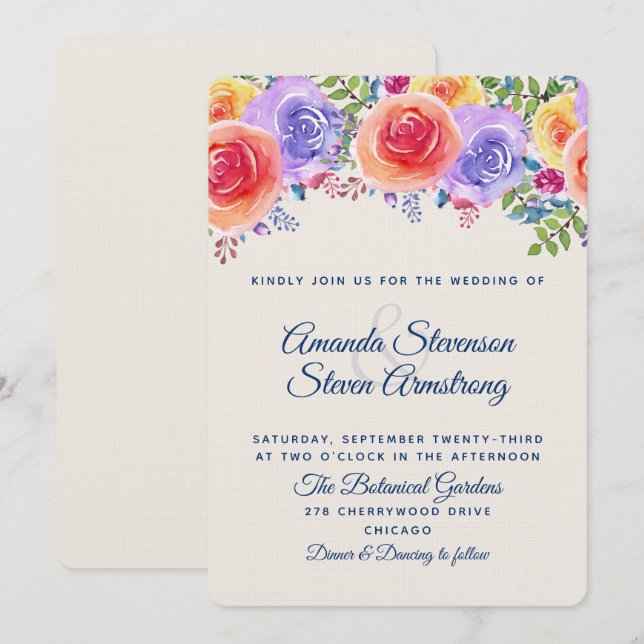 Modern Wedding Watercolor Floral Bouquet Invitation (Front/Back)