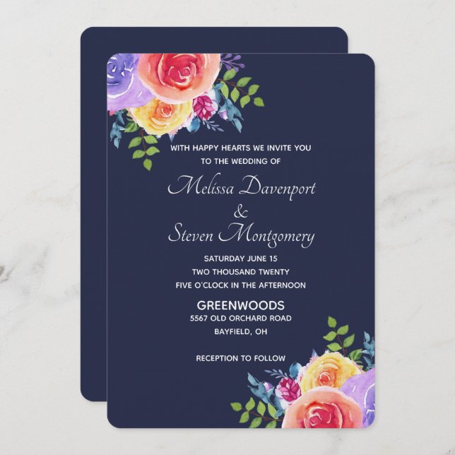 Modern Wedding Watercolor Floral Bouquet Invitation (Front/Back)