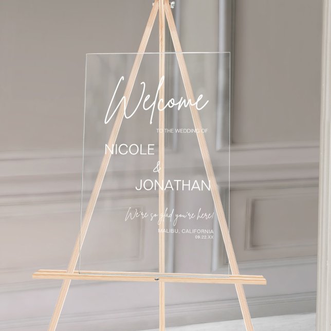 Modern Wedding Welcome White Text Acrylic Sign (Creator Uploaded)