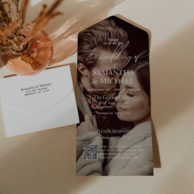 Modern Wedding with QR Code RSVP Photo  All In One Invitation (All-in-one wedding invitation with QR code to RSVP - Simplify and save time for you and your guests.)