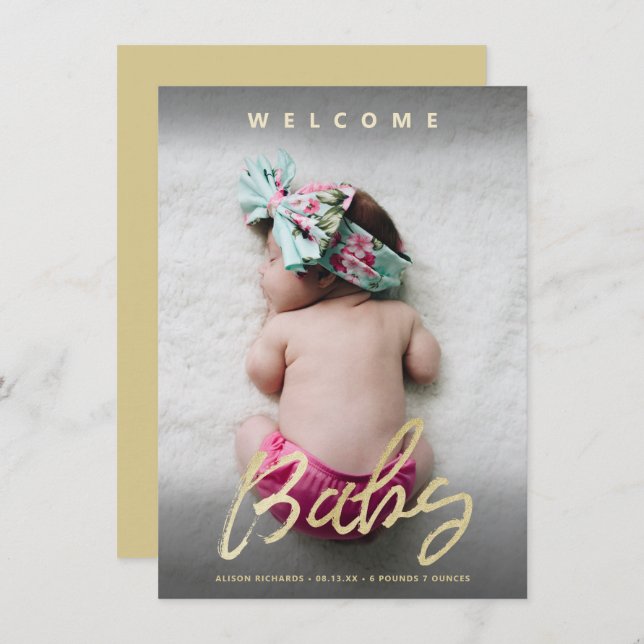 Modern Welcome Baby Gold Script Full Photo Card (Front/Back)