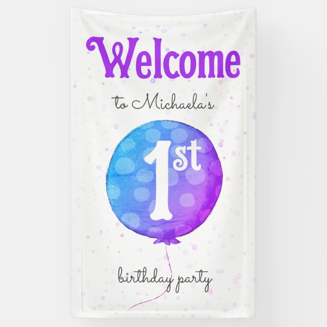Modern Welcome Balloon Baby Girl 1st Birthday Banner (Vertical)