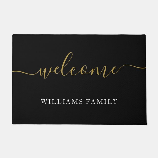 Modern Welcome Black Gold Script Family Name Doormat (Front)
