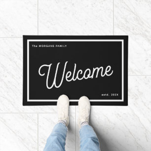 Modern Welcome Black White Script Family Name Doormat