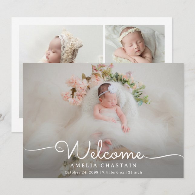 Modern Welcome Calligraphy 4 Photo Baby Birth Announcement (Front/Back)