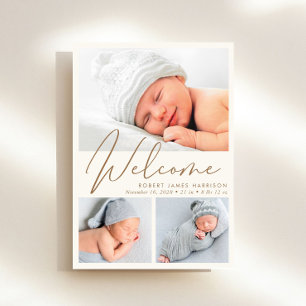 Modern Welcome Cream Gold 4 Photo Birth Announcement