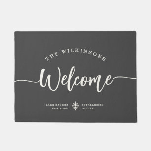 Modern Welcome Family Name Brush Script Grey Doormat