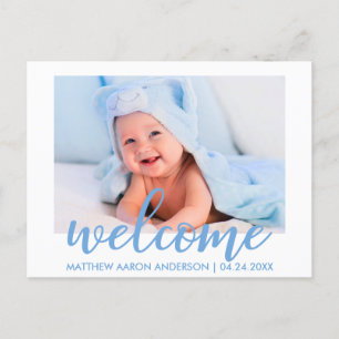 Modern Welcome New Baby Boy Announcement Blue Postcard