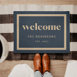 Modern Welcome | Personalised Doormat<br><div class="desc">A great gift for newlyweds or new homeowners,  our personalised welcome doormat in classic navy blue and tan features "welcome" in modern lettering,  with your family name and year established beneath. A wide border completes the design.</div>