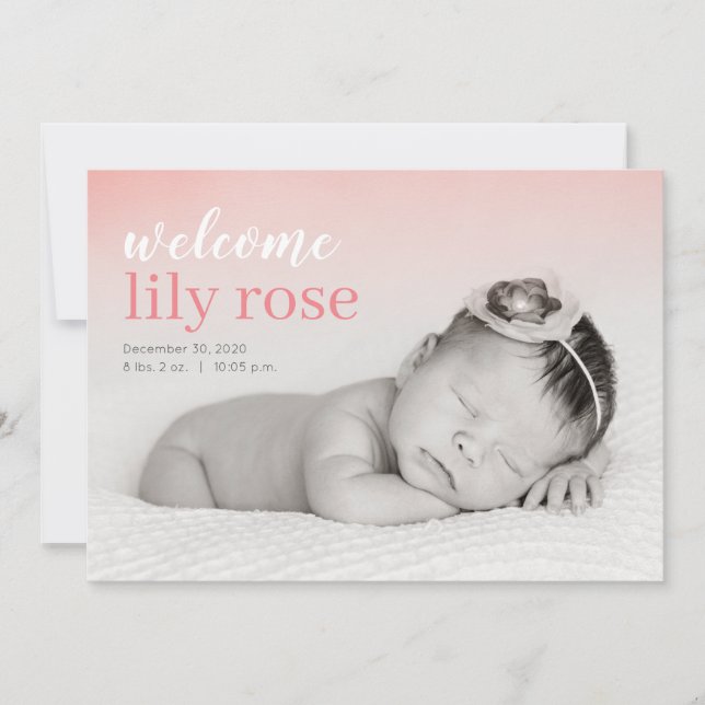 Modern Welcome Pink Baby Girl Birth Announcement (Front)