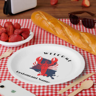 Modern welcome red crayfish Louisiana custom name Paper Plate