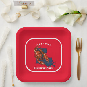 Modern welcome red crayfish Louisiana custom name Paper Plate
