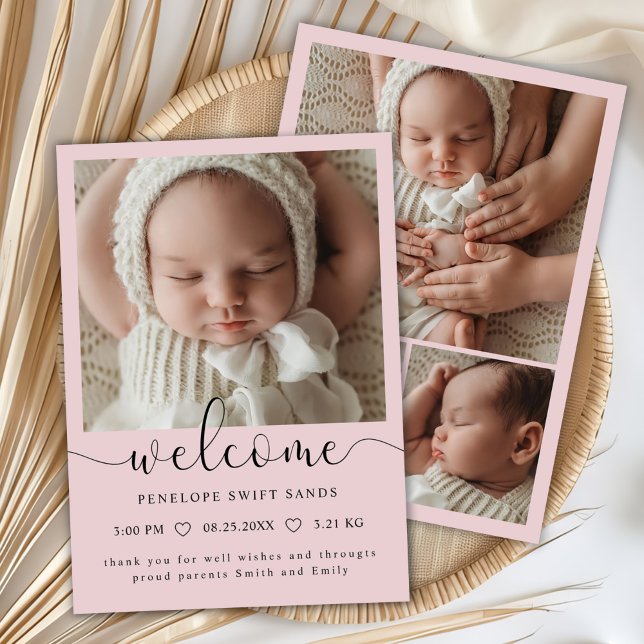 Modern Welcome Script 4 Photo Birth Announcement (Creator Uploaded)