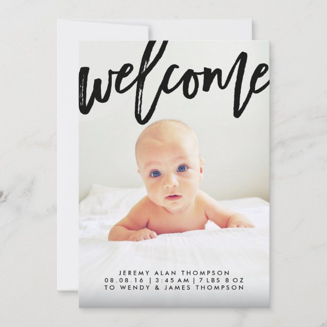 Modern Welcome Script | Photo Birth Announcement (Front)