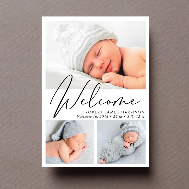 Modern Welcome Script Photo Collage Birth Announcement (Announce the arrival of your precious baby in a way that is as beautiful and unique as they are)