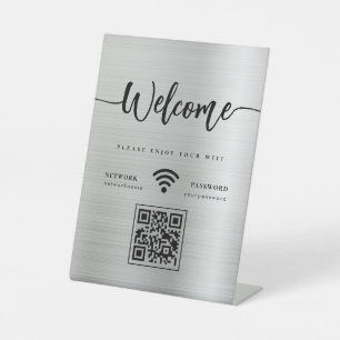 Modern Welcome Script WIFI QR Code Silver Metal Pedestal Sign