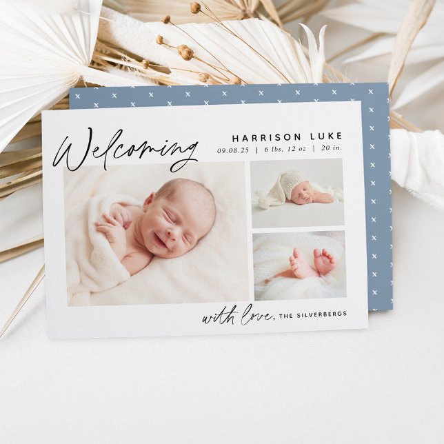 Modern Welcome Three Photo Birth Announcement (Creator Uploaded)