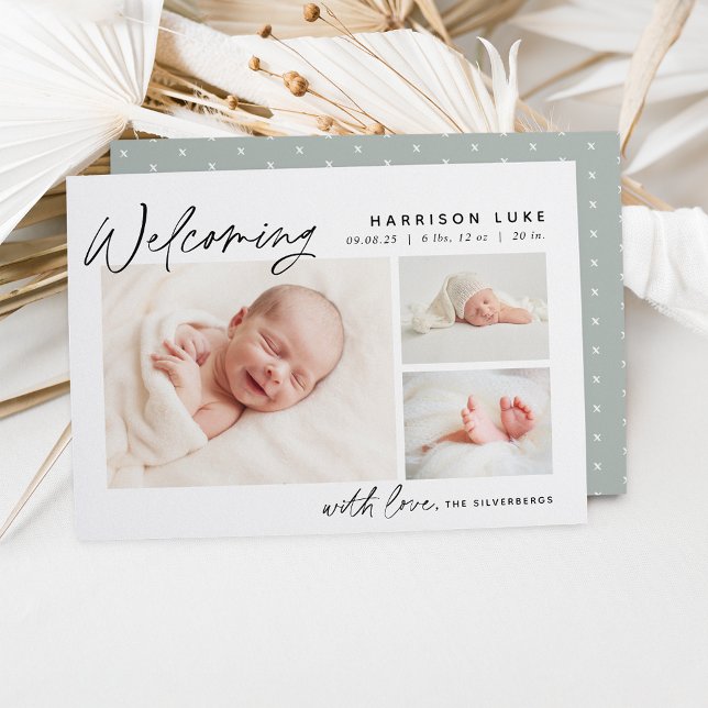 Modern Welcome Three Photo Birth Announcement (Creator Uploaded)