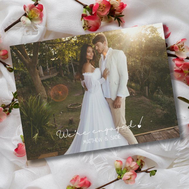 Modern We're Engaged Heart Engagement Info Photo  Postcard (Creator Uploaded)